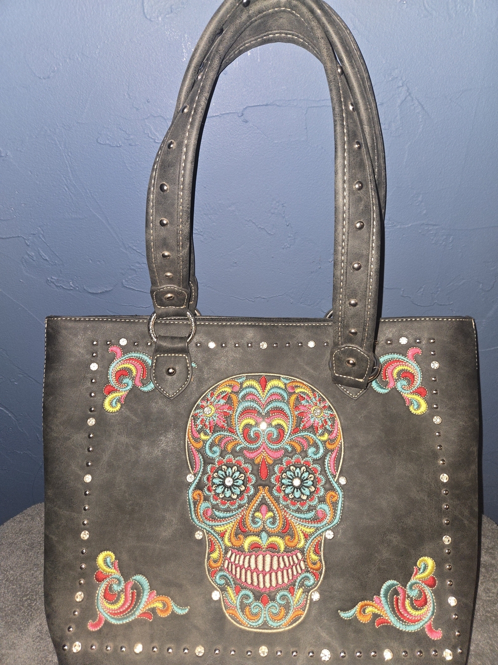 Embroidered Sugar Skull Tote Bag - Gray